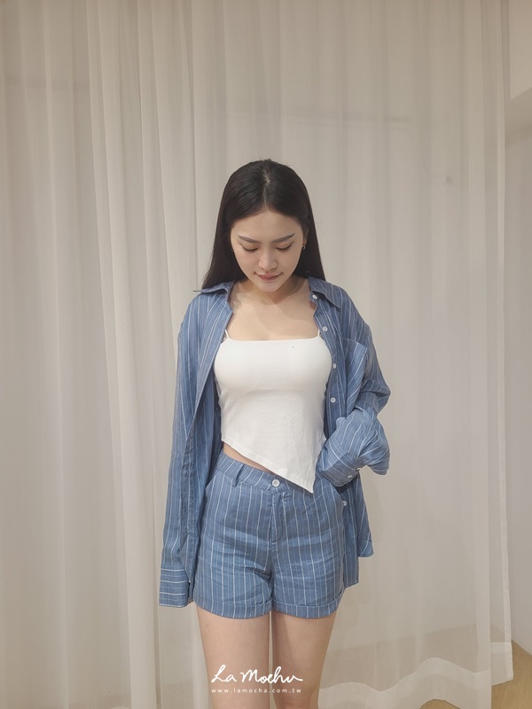 蜜桃絨條紋套裝